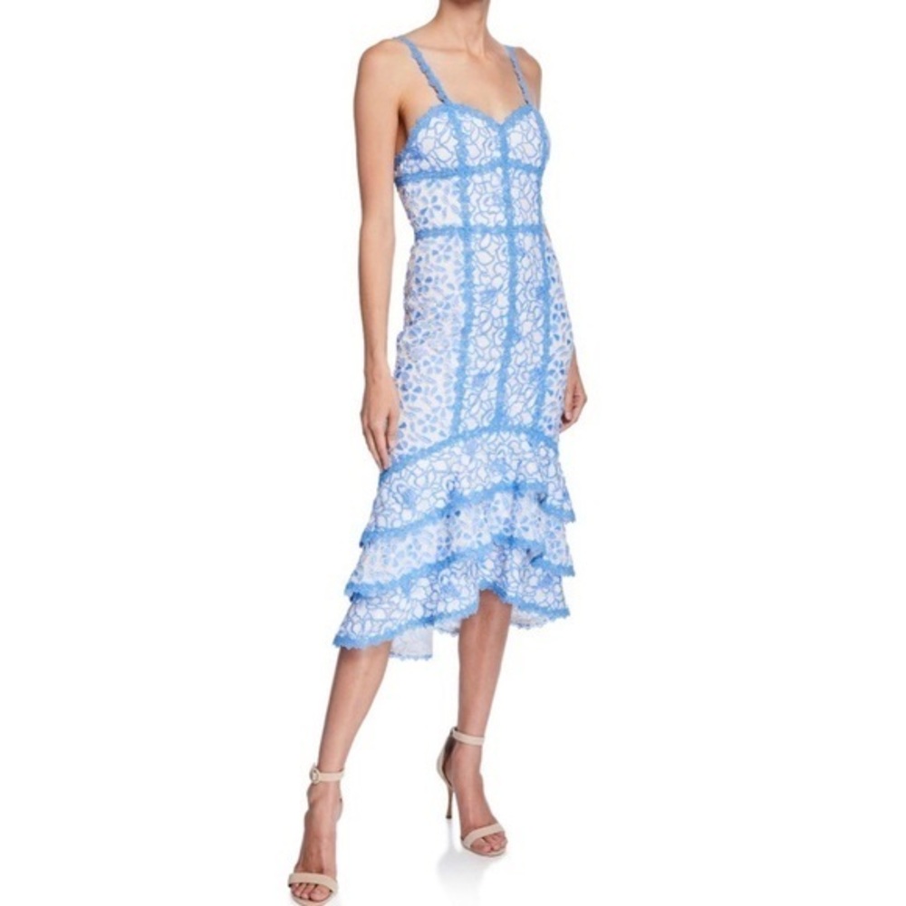 Alice + Olivia blue and white lace dress